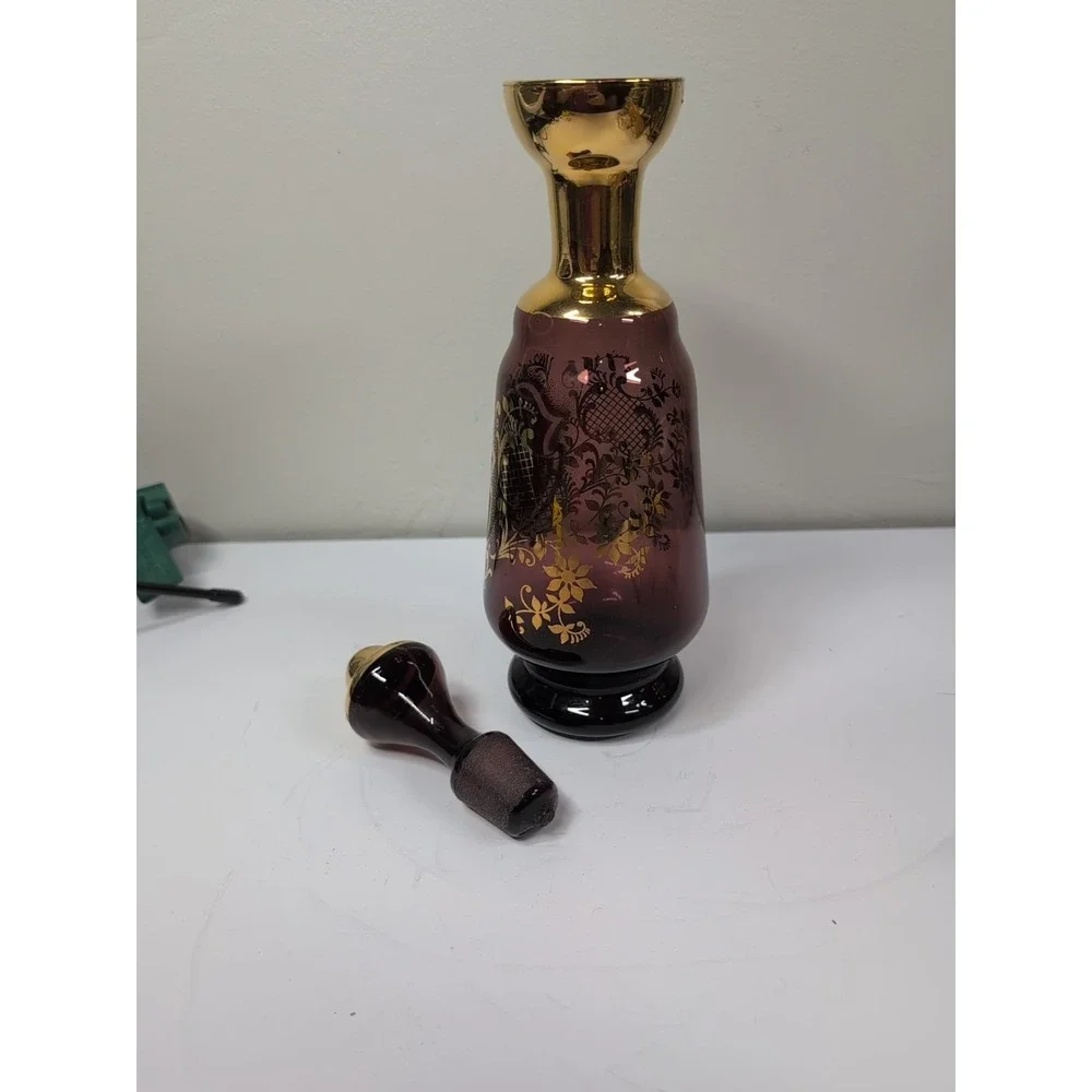 Vtg Purple Amethyst Bohemian Czech Glass Hand Painted Floral 11in‎